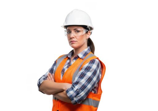 Professional construction worker woman wearing safety helmet and vest with arms crossed isolated on transparent background
