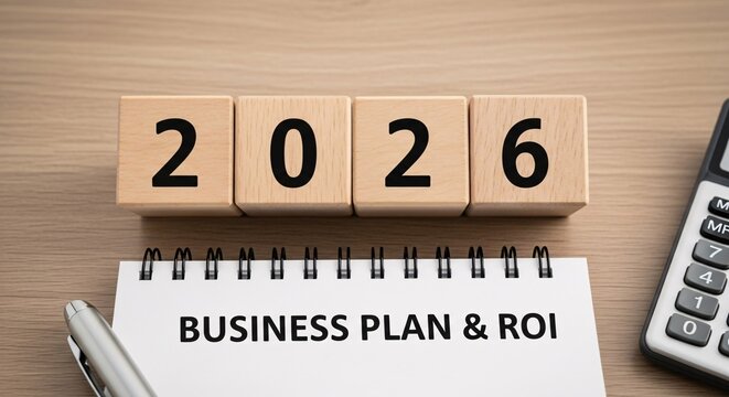 2026 business plan and ROI strategy concept with wooden blocks, notebook planner and calculator on desk.