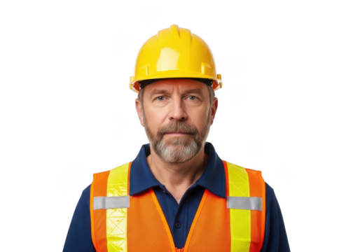 A serious construction worker wearing a yellow hard hat and orange safety vest isolated on transparent background