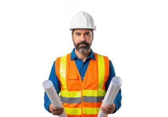 Professional male construction worker wearing hard hat and safety vest holding blueprints isolated on transparent background
