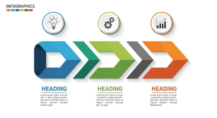 Fototapeta premium Visualize complex data and ideas with this modern, dynamic infographic template featuring colorful arrows, icons for innovation, gears, and growth, perfect for presentations.