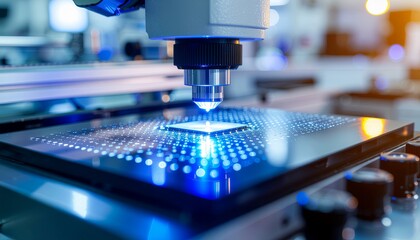 Silicon wafer under a high-precision microscope, showcasing microchip patterns and circuits in a cleanroom semiconductor manufacturing environment.