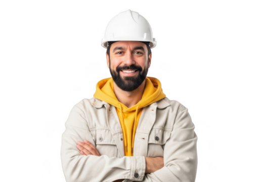 Smiling bearded construction worker wearing white hard hat and light colored jacket with arms crossed isolated on transparent background