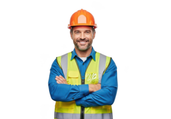 A smiling construction worker wearing an orange hard hat and a yellow safety vest with arms crossed isolated on transparent background