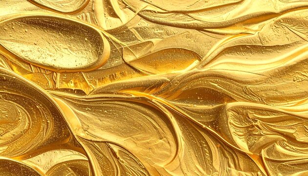 Close-up textured abstract of thick, glistening, golden-colored swirls