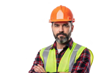 Serious bearded construction worker wearing orange hard hat and high visibility vest with arms crossed isolated on transparent background