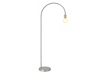 Modern arched floor lamp providing warm light, minimalist home decor spotlight, transparent background object