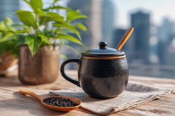 Dark ceramic mug with tea, wooden spoon, and plant on a wooden table with city view