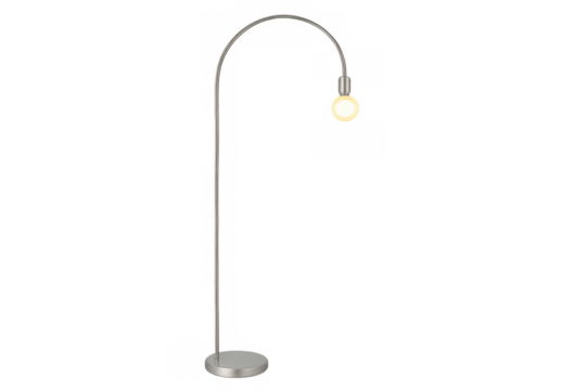 Modern arched floor lamp providing warm light, minimalist home decor spotlight, transparent background object