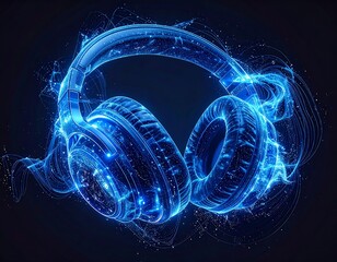 A luminous, futuristic headphone design outlined in vibrant blue light. Energetic soundwaves flow around the audio accessory