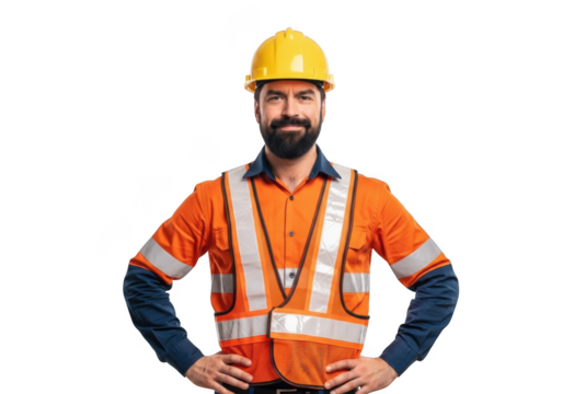 A bearded construction worker wearing a yellow hard hat and orange high visibility vest standing with hands on hips isolated on transparent background