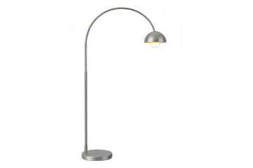 Arching floor lamp illuminating space, modern interior design lighting fixture with metallic silver finish on transparent background