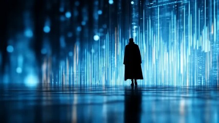 Silhouette figure walking into a futuristic digital landscape with blue light - Powered by Adobe