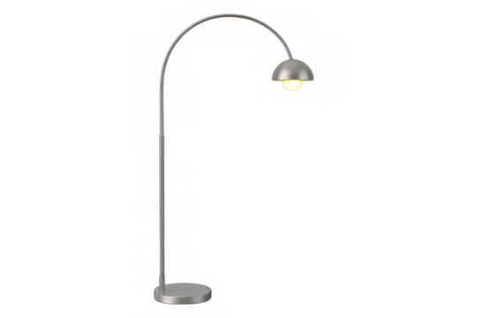 Arching floor lamp illuminating space, modern interior design lighting fixture with metallic silver finish on transparent background