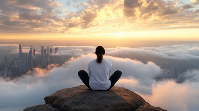 A lone person sits on a rocky cliff above a blanket of clouds, facing a sunrise-lit city skyline in a serene, contemplative dawn scene.