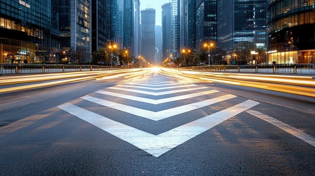Nighttime urban avenue with chevron road markings, streaking vehicle light trails and towering glass skyscrapers converging to a vanishing point perspective.