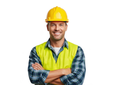 Smiling construction worker wearing yellow hard hat and high visibility vest with arms crossed isolated on transparent background