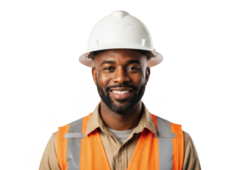 A smiling construction worker wearing a white hard hat and an orange safety vest isolated on transparent background