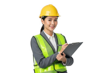 Young asian woman engineer wearing safety vest and hard hat holding clipboard and pen writing notes isolated on transparent background