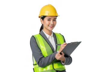 Young asian woman engineer wearing safety vest and hard hat holding clipboard and pen writing notes isolated on transparent background