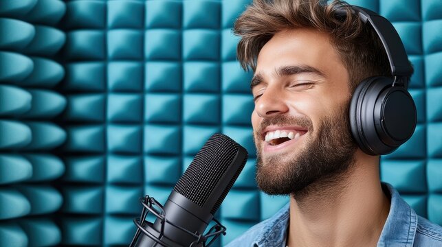 Bearded man wearing headphones passionately singing into a studio microphone in front of blue acoustic foam panels. - Powered by Adobe