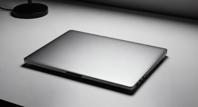 Sleek silver aluminum laptop mockup closed on minimalist desk, isolated. - Powered by Adobe