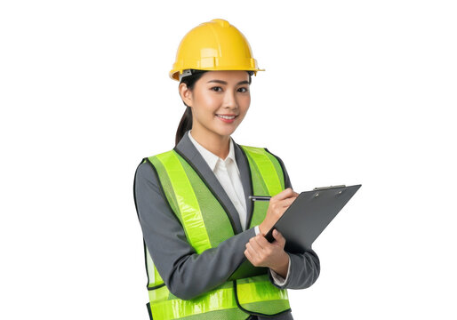 Young asian woman engineer wearing safety vest and hard hat holding clipboard and pen writing notes isolated on transparent background