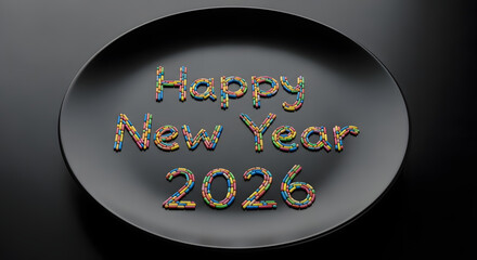 Happy New Year 2026 greetings using colorful sprinkles on a black plate