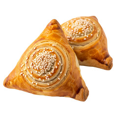 Triangle pastry with sesame seeds, white background isolated