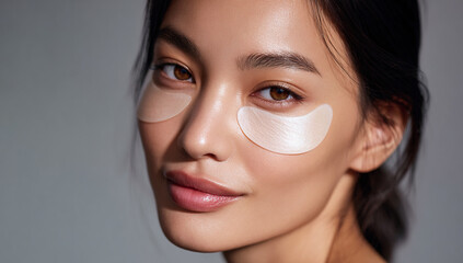 Young Asian woman applying under eye patches for skin care