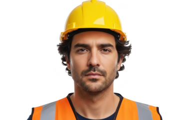 A serious construction worker wearing a yellow hard hat and a high visibility safety vest isolated on transparent background