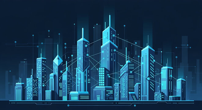 Futuristic cityscape showcasing advanced technology and interconnected infrastructure.