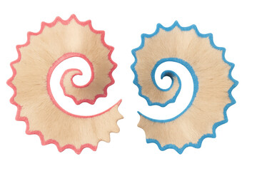 Pencil shavings creating spirals, light wood with colorful red and blue tips, representing creativity and art