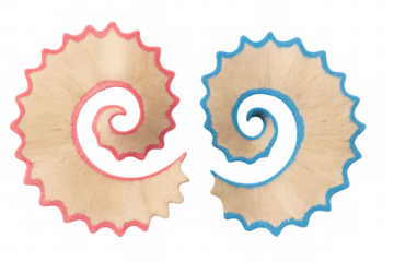 Pencil shavings creating spirals, light wood with colorful red and blue tips, representing creativity and art