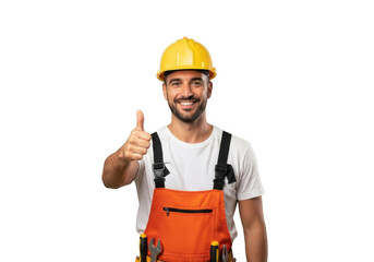 Smiling construction worker wearing orange overalls and a yellow hard hat giving a thumbs up gesture isolated on transparent background