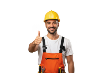 Smiling construction worker wearing orange overalls and a yellow hard hat giving a thumbs up gesture isolated on transparent background