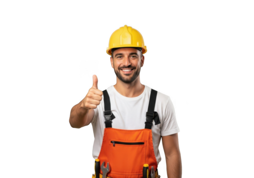 Smiling construction worker wearing orange overalls and a yellow hard hat giving a thumbs up gesture isolated on transparent background