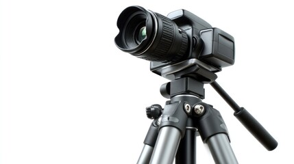 A professional camera with a telephoto lens mounted on a tripod, isolated on a white background.