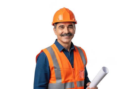 Smiling construction worker wearing an orange hard hat and reflective vest holding rolled blueprints isolated on transparent background - Powered by Adobe