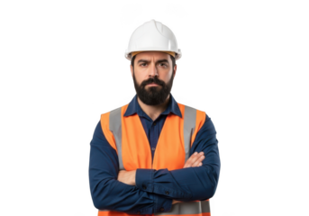Serious bearded construction worker wearing safety vest and hard hat with arms crossed isolated on transparent background
