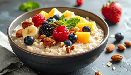 Delicious and Healthy Oatmeal Bowl with Fresh Fruits and Nuts for Breakfast