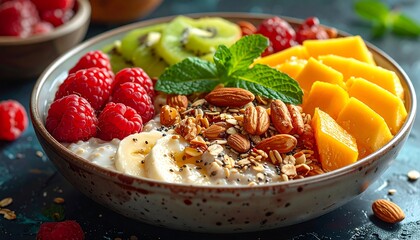 Delicious and healthy breakfast bowl with fruits and nuts ready to eat