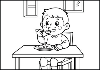 Child eating food at table, indoor meal time, smiling kid with spoon, healthy lunch, black and white line drawing, windows background