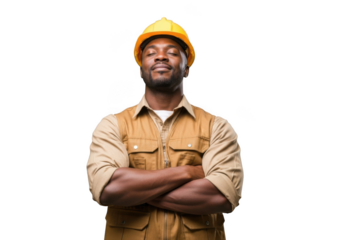 Confident black man wearing yellow hard hat and work vest arms crossed isolated on transparent background