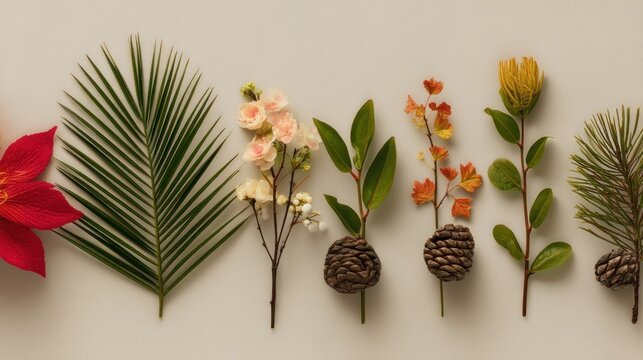 A row of autumn leaves, pine cones, and flowers arranged in a horizontal line on a neutral background.