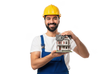 A smiling construction worker wearing a yellow hard hat and blue overalls holds a miniature house model isolated on transparent background