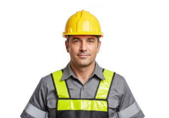 A middle aged male construction worker wearing a yellow hard hat and a high visibility safety vest isolated on transparent background