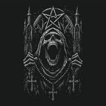 Gothic Dark Art Skeleton Holding Cross Necklace on Black Background