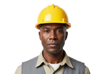 A serious african american construction worker wearing a bright yellow hard hat and safety vest isolated on transparent background