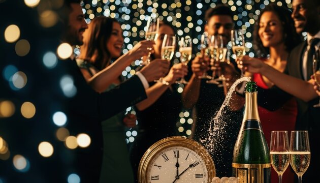 Office holiday celebration with colleagues toasting with champagne